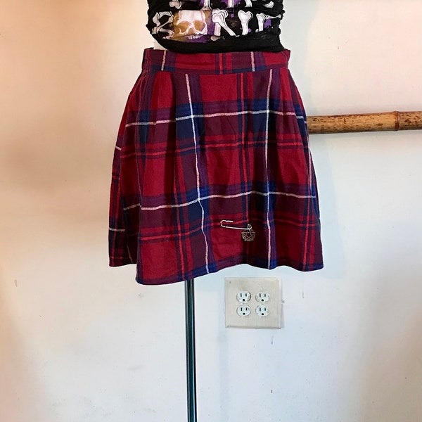 Upcycled Red And Blue Plaid Mini Skirt With Pentagram Kilt Pin Y2K Riot Grrrl Fun