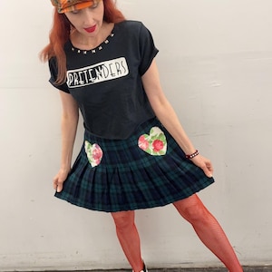 Vintage Green Plaid School Dazed Pretty In Pink Floral Heart Shaped Patches Pleated Skirt