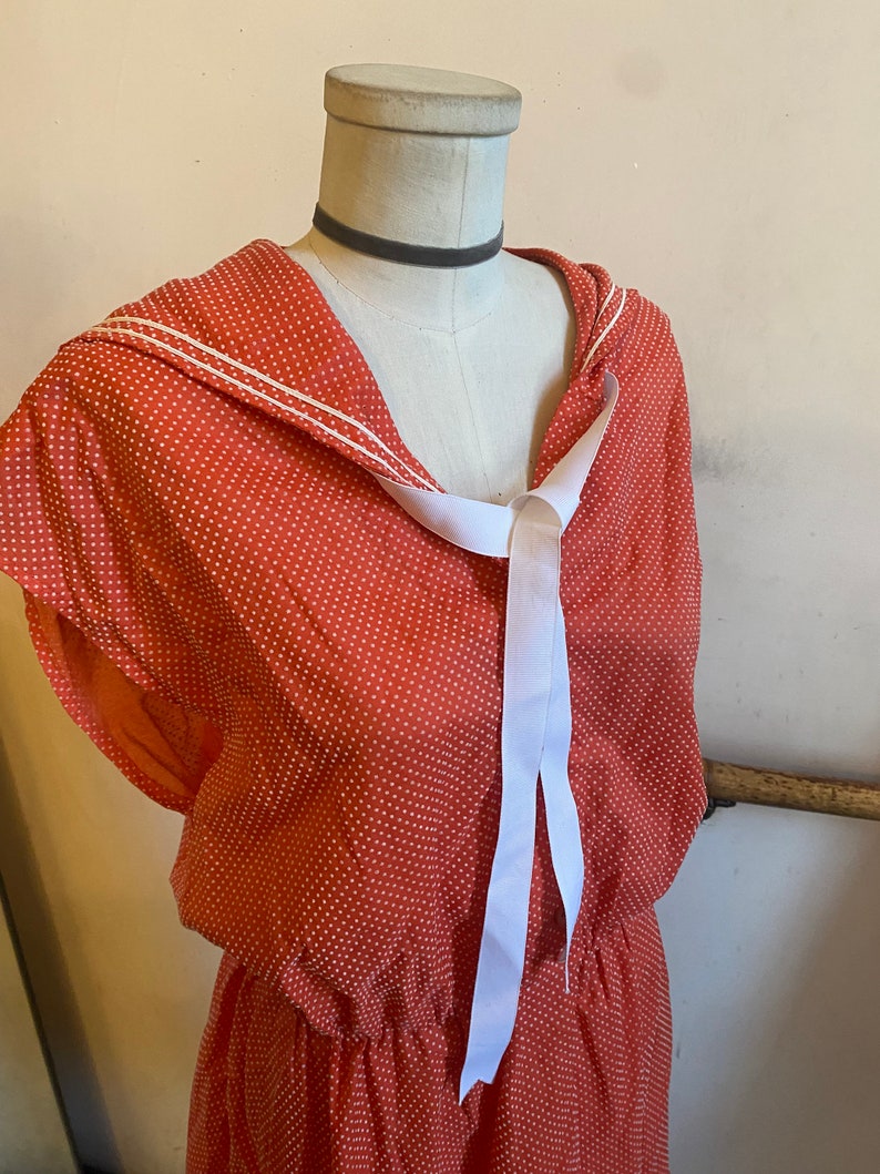 Vintage 1980s Sailor Collar Nautical Bow Tie Swiss Dots Retro New Wave Mod Orange Dress image 6