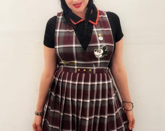 Back to School Punk Mickey Studded and Patched Maroon And Grey Plaid Uniform Dark Academia Vibes Jumper Dress