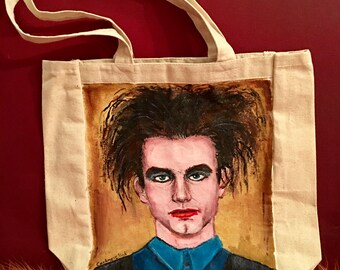 Robert Smith The Cure Love Cats Forever Disintegrate Into Me You Caterpillar Girl Hand Painted Goth Canvas Tote Bag