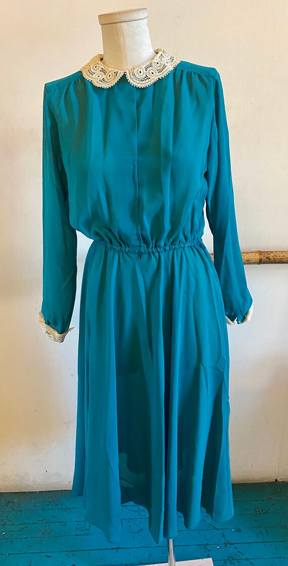 Vintage 1980s Sheer Turquoise Secretary Dress Wit… - image 6