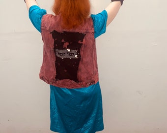 New Wave DIY Upcycled Red Overdyed Siouxsie Eyes Punk Goth Jean Vest