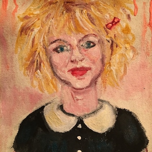 May include: A painting of a woman with blonde hair, wearing a black dress with a white collar. The background is a light pink with pink paint splatters.