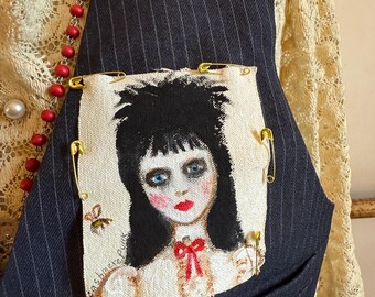 Romantic Upcycled Grey Pin Striped Goth Girl Patch Victorian Lace And Spider Pin Vest