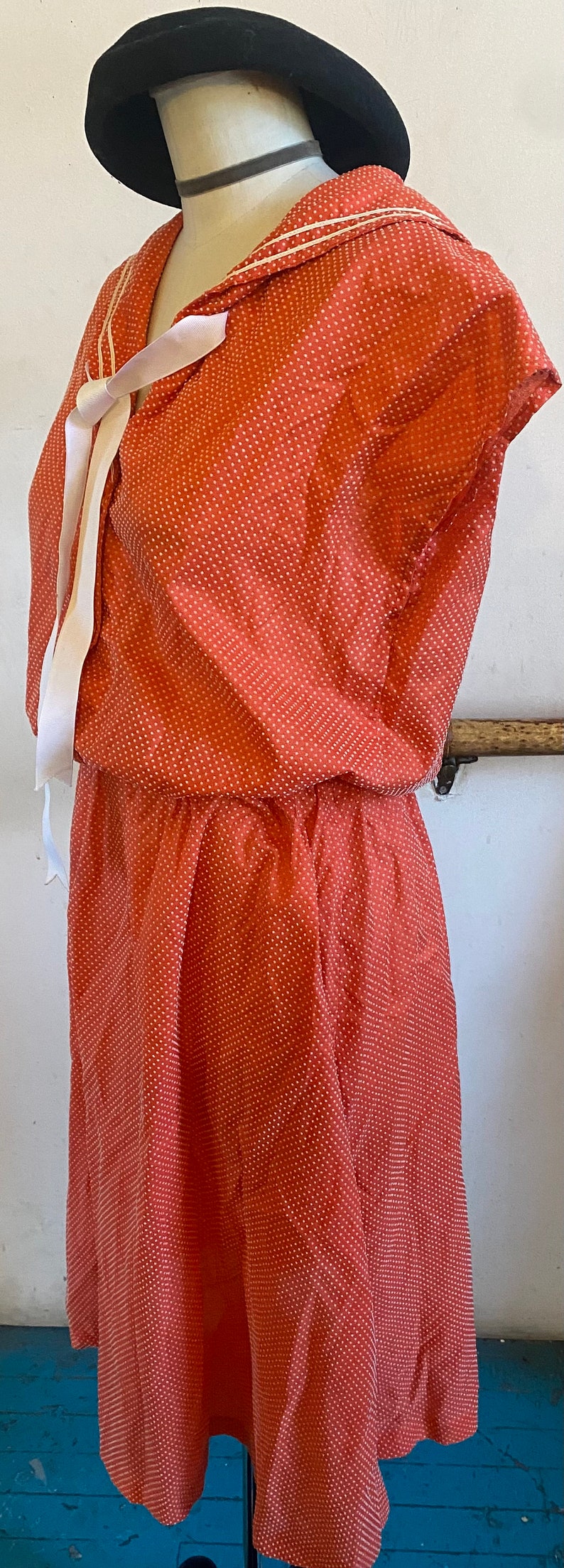 Vintage 1980s Sailor Collar Nautical Bow Tie Swiss Dots Retro New Wave Mod Orange Dress image 2