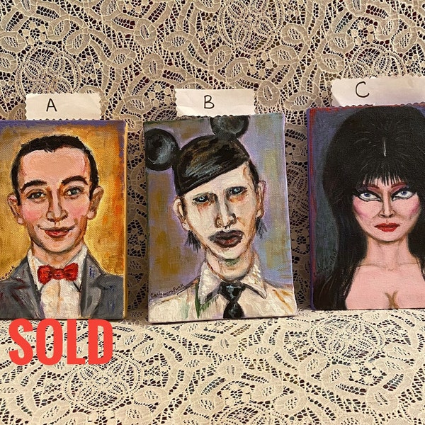 80’s/90’s Pop Culture Hand Painted Portraits Pee Wee, Marilyn Mason, and Elvira