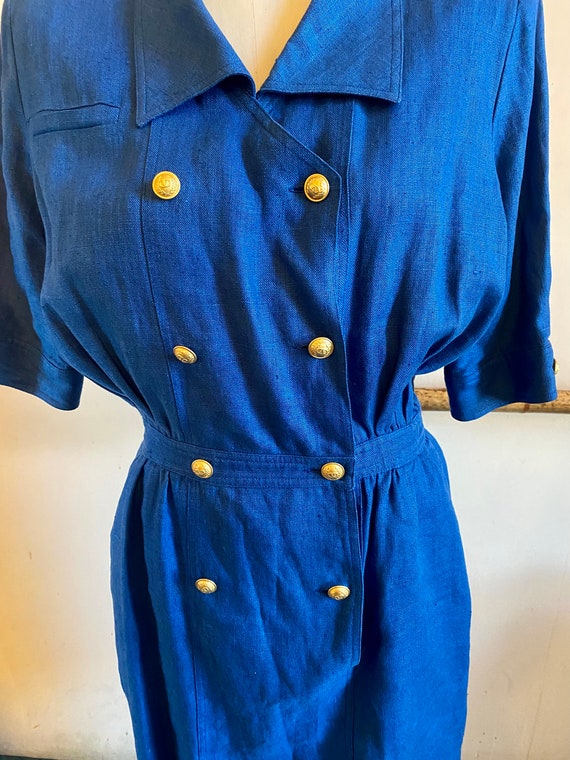 Vintage  80s Linen Blue Double Breasted Career Sh… - image 7