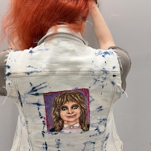 Upcycled Acid Wash Hand Painted Ozzy Black Sabbath Jean Vest With Faux Fur Collar
