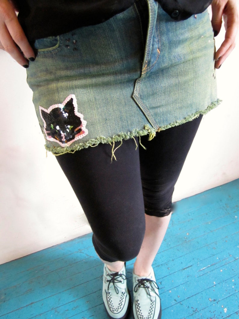 image 0 ... DIY Sequin Pussy Cat Punk Rock Concert Chique Jean Mini Skirt | Etsy