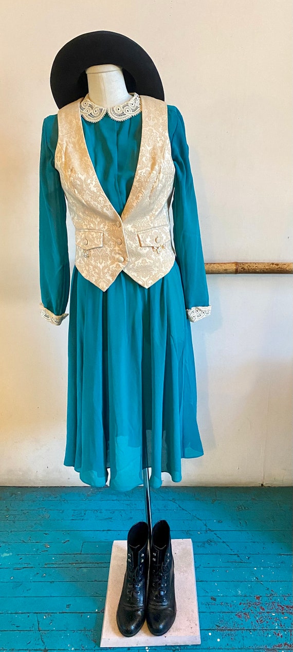 Vintage 1980s Sheer Turquoise Secretary Dress Wit… - image 9