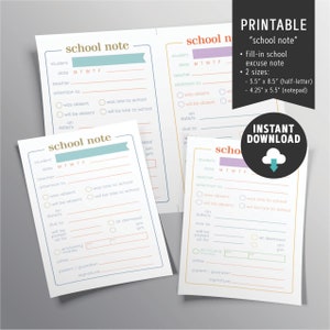 School note (printable) and notepad size
