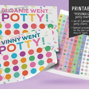 May include: Printable potty chart with a colorful confetti background. The chart features the text "Sloanie Went Potty!" and "Vinny Went Potty!" in a rainbow font. The chart also includes a sheet of printable stars for use with Avery 1/2 inch labels.