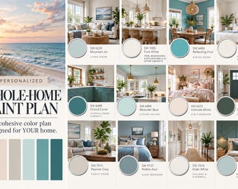 Pode incluir: Um plano de pintura personalizado para toda a casa com uma paisagem de praia e uma grade de doze fotos de interiores. Cada imagem inclui uma amostra de cor circular com os nomes das tintas Sherwin-Williams.