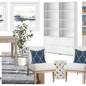Moodboard - Design d'interni online per ufficio domestico costiero Moodboard - Design per ufficio costiero - Design per ufficio femminile