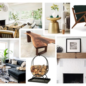 Moodboard - Diseño de interiores de salas de estar modernas en línea de mediados de siglo Moodboard - Diseños de salas de estar contemporáneas - Rústico moderno
