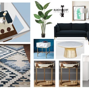 Moodboard - Diseño de interiores de salas de estar en línea de mediados de siglo Moodboard - Diseños de salas de estar modernas