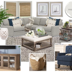 Moodoard - Moodboard de diseño de interiores en línea para salas de estar costeras - Moodboard para salas de estar en casas de playa