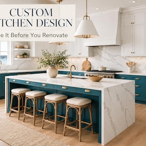 May include: A kitchen interior featuring a large island with a white marble countertop and teal cabinets, four rattan bar stools with white cushions, white upper cabinets, and text that reads CUSTOM KITCHEN DESIGN See It Before You Renovate.