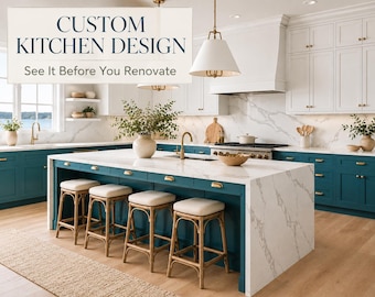 May include: A kitchen interior featuring a large island with a white marble countertop and teal cabinets, four rattan bar stools with white cushions, white upper cabinets, and text that reads CUSTOM KITCHEN DESIGN See It Before You Renovate.
