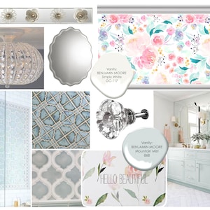 Moodboard di interior design online per bagno femminile glamour per ragazze
