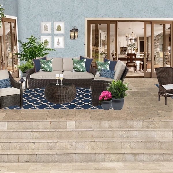 3D Rendering Patio Design - Transitional Patio Lanai - Patio Furniture Layout - Patio Decorating