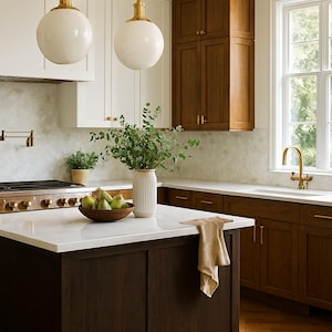 Può includere: Una cucina moderna con mobili in legno bianco e scuro, un piano di lavoro in marmo e un'isola in legno scuro. Due lampade a sospensione con dettagli dorati sono appese sopra l'isola. Un vaso di verde e una ciotola di pere sono sull'isola.