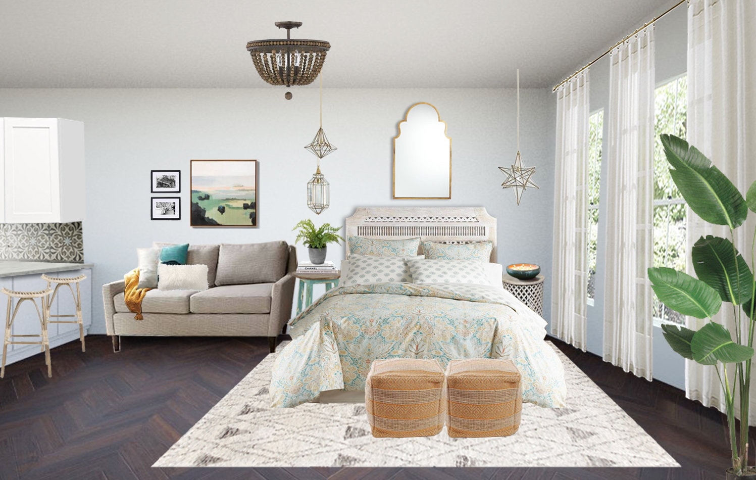 3D Rendering Bohemian Studio Apartment Interior Design Boho