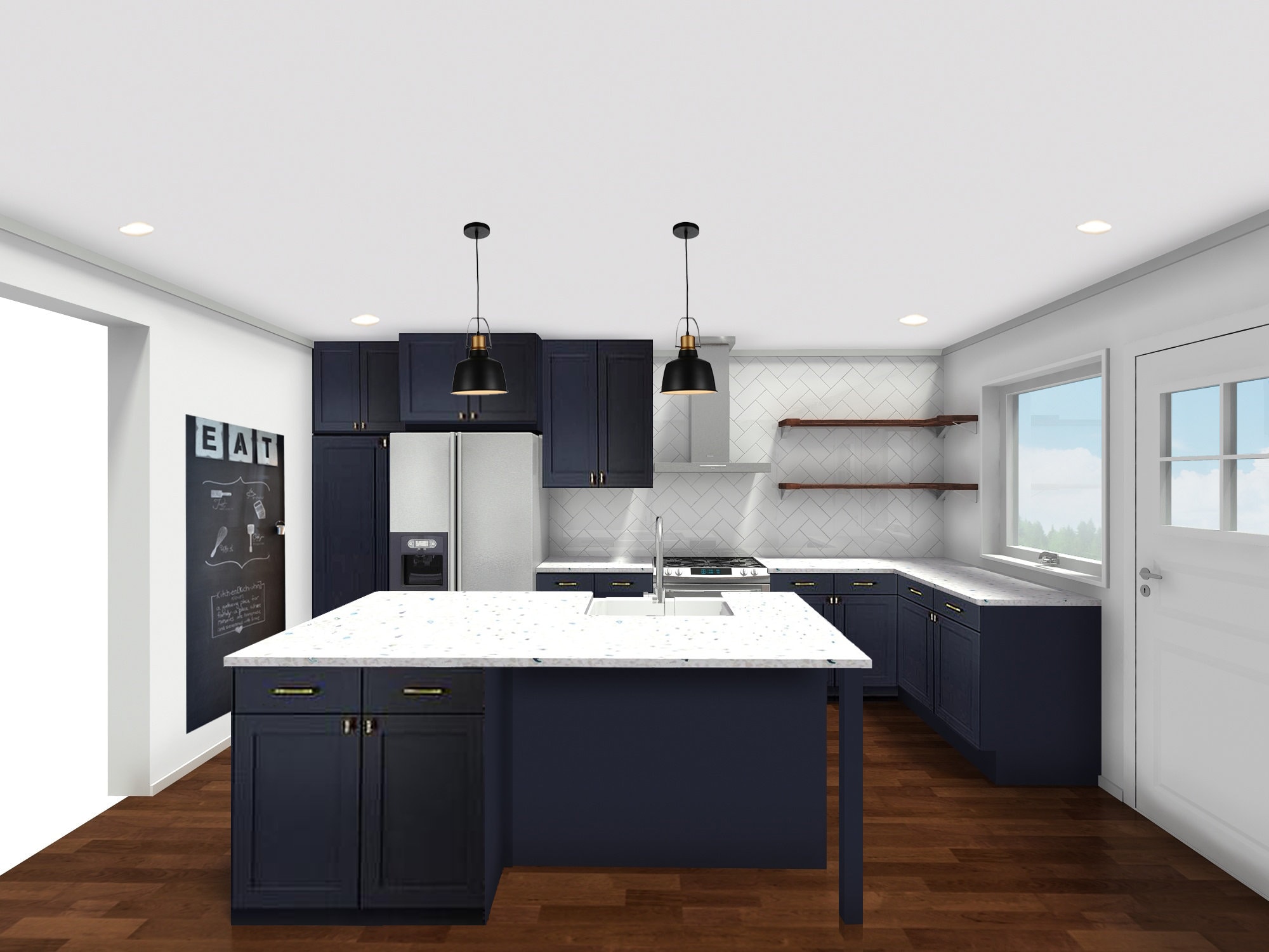 18D Rendering   Modern Kitchen Online Interior Designs   Navy Brass Kitchen    Navy Gold Kitchen Designs   Mid Century Modern Kitchen