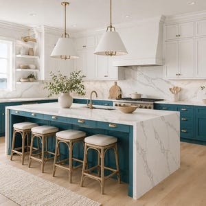 Può includere: Una cucina moderna con pensili bianchi e basi turchese. Un'ampia isola con piano di lavoro bianco e quattro sgabelli in rattan al centro. Due lampade a sospensione sono appese sopra l'isola. La cucina ha un paraschizzi in marmo e pavimenti in legno.