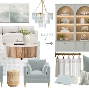May include: A coastal-themed interior design concept featuring a white sectional sofa, two light blue armchairs, and a round wooden coffee table. The image also includes a built-in cabinet, artwork, and decorative pillows.