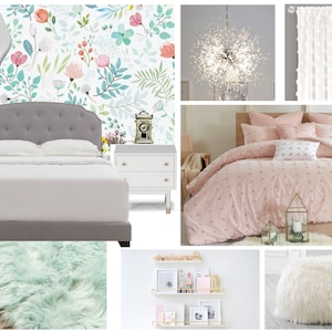 Girl Bedroom Online Interior Design Moodboard - Aqua Blush Girls Bedroom Moodboard