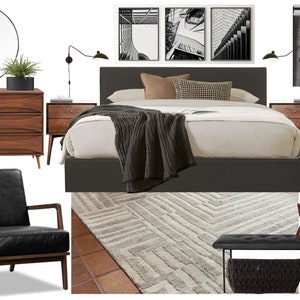 Moodboard - Dormitorio de diseño de interiores moderno en línea de mediados de siglo Moodboard - Tablero de inspiración para dormitorio neutro masculino