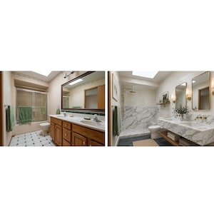 May include: Two bathroom scenes. The first features a wooden vanity with a large mirror, a shower, and a toilet. The second bathroom has a marble vanity, a shower, and a toilet. Both bathrooms have towels and mirrors.