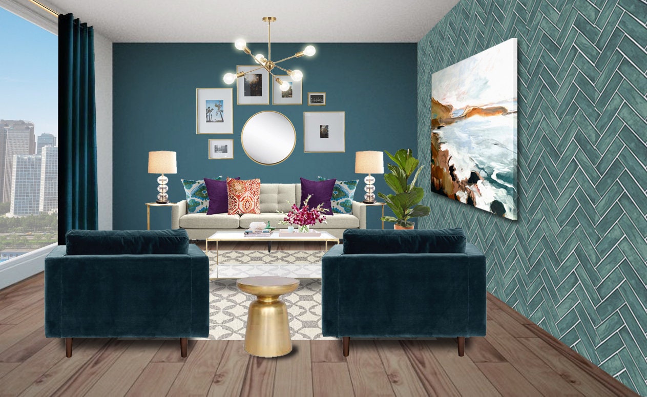 3D Rendering Modern Teal Living Room Online Interior Designs - Etsy