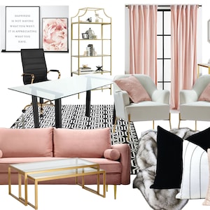 Glam Home Office Online Diseño de Interiores Moodboard - Diseños modernos de Home Office - Feminine Blush Pink Black Home Office Designs