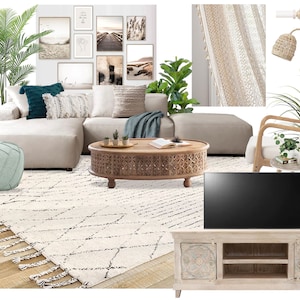 Moodboard - Diseño de interiores boho en línea Moodboard - Diseño de salas boho - Sala de estar boho moderna y neutral