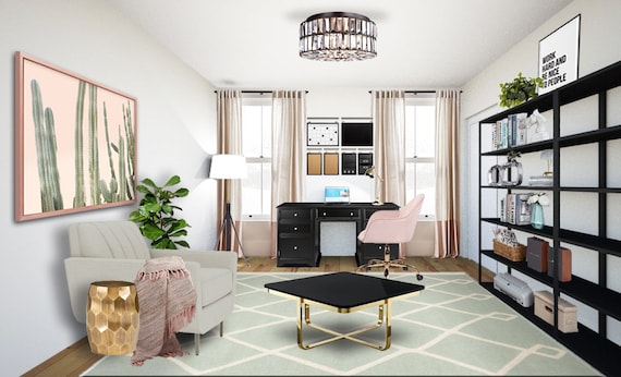 Glam Home Office Online Interior Design Moodboard - Transitional Office  Designs - Feminine Office Designs