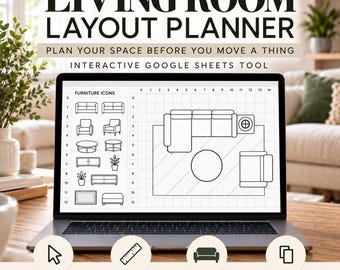 May include: A laptop screen displays a Living Room Layout Planner, an interactive Google Sheets tool. The interface features a grid with furniture icons, including sofas, chairs, and tables, alongside a floor plan layout with a rug and furniture.