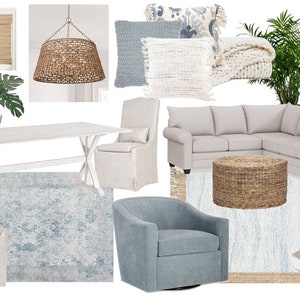 Moodboard - Coastal Great Room Online Diseño de interiores Moodboard - Coastal Living & Dining Room - Incluye descuento en paquetes