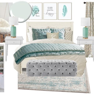 Moodboard - Teen Girl Camera da letto online Interior Design Moodboard - Verde acqua grigio crema Teen Camera da letto Moodboard