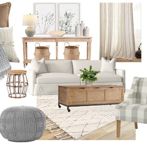 Moodboard preempaquetado para sala de estar de granja