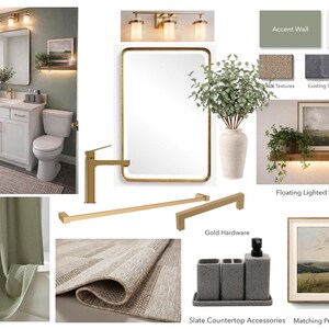 May include: A bathroom interior design with a white vanity, toilet, and gold fixtures. The design includes a large mirror, a floating shelf with a landscape print, and a neutral-toned rug. The colour scheme is soft, with green accent walls and gold hardware.