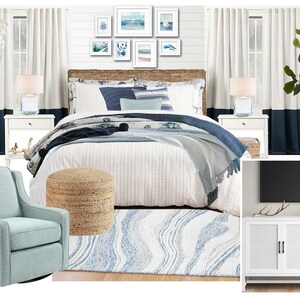 Moodboard de dormitorio costero preempaquetado: lista de fuentes descargables