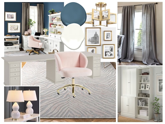 Glam Home Office Online Interior Design Moodboard - Transitional Office  Designs - Feminine Office Designs