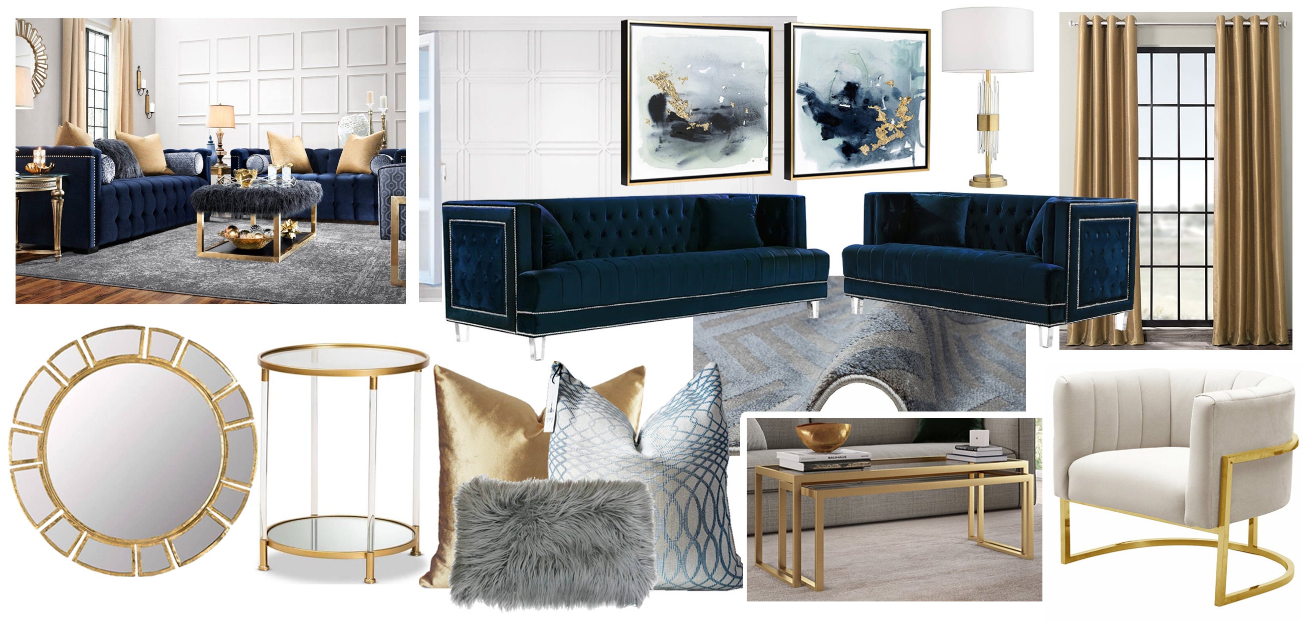 Moodboard Glam Navy Gold Living Room Interior Design Moodboard Etsy