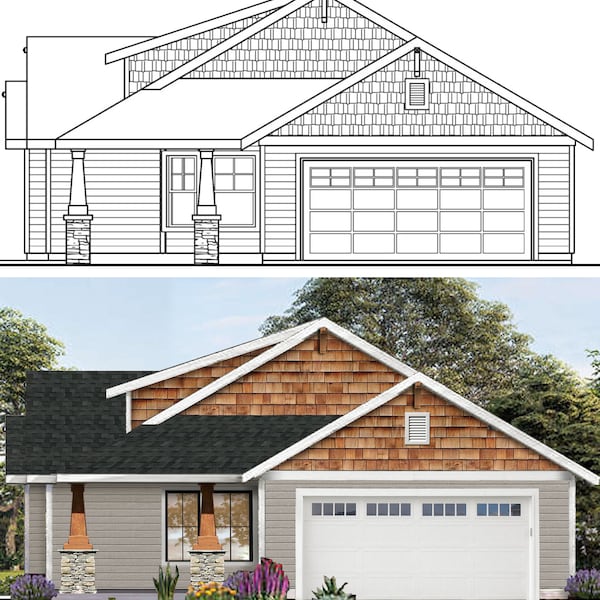 House Plan Mockup - House Facade Material Mockups from 2D Drawing Front Elevation Blueprints