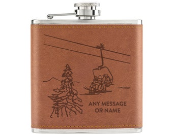 Personalised Ski Lift Skiing 6oz PU Leather Hip Flask Tan Custom Name Message Let&#39;s Get Piste Best Man Wedding Groom Stag Do Hen Do