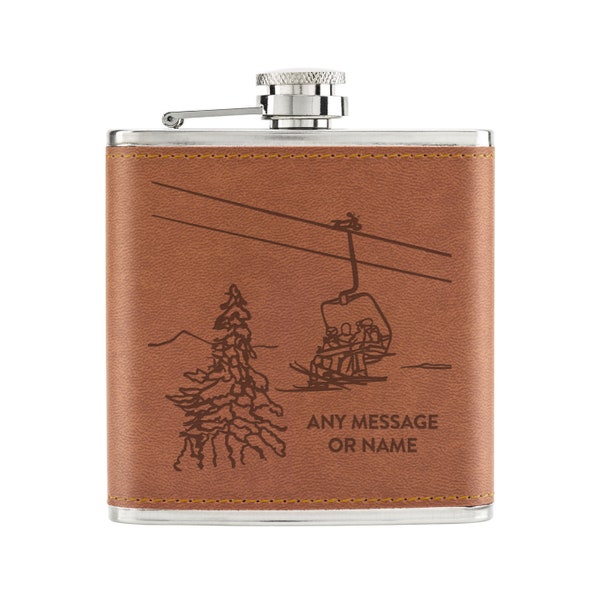 Personalised Ski Lift Skiing 6oz PU Leather Hip Flask Tan Custom Name Message Let's Get Piste Best Man Wedding Groom Stag Do Hen Do