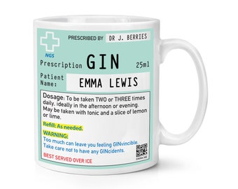 Personnalisé Personnalisé Gin Prescription 10oz Mug Cup Collègue De Travail Drôle De Blague